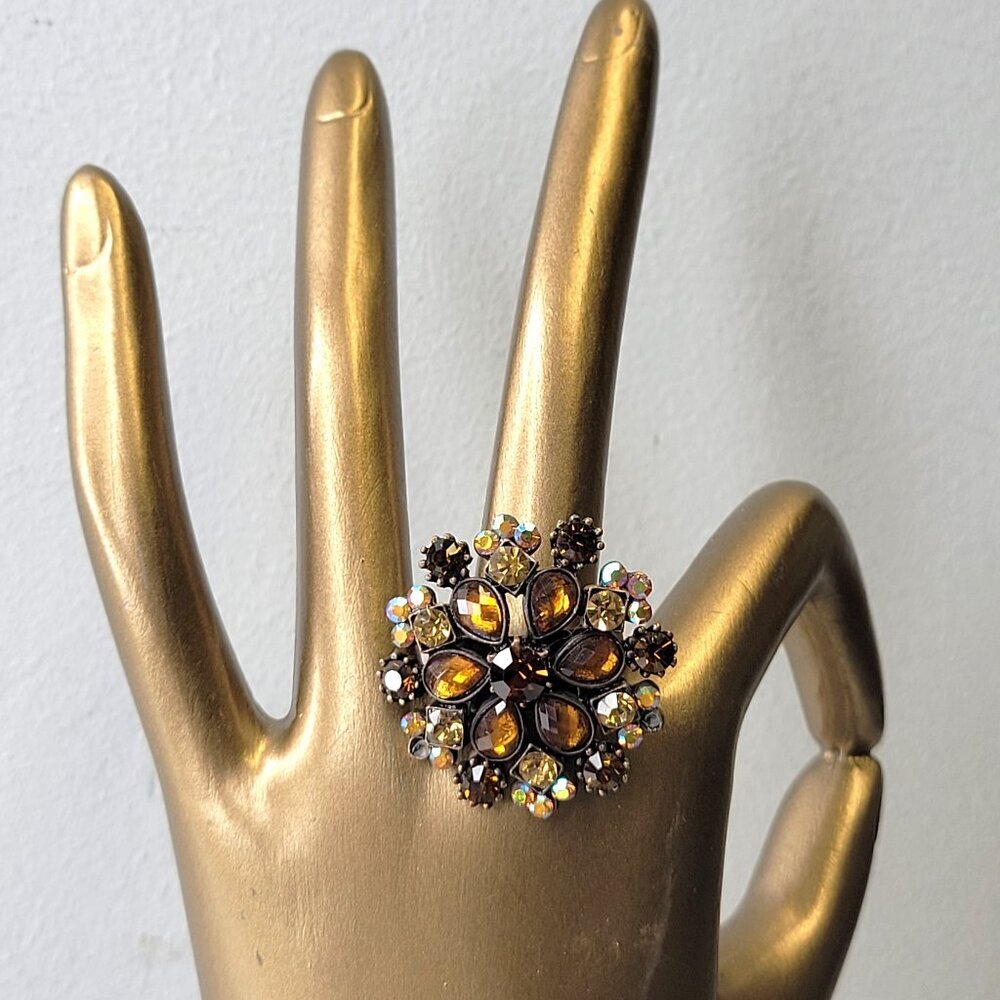 Amber Rhinestone Flower Ring Red Crystal Floral Ring, Adjustable Flower Ring